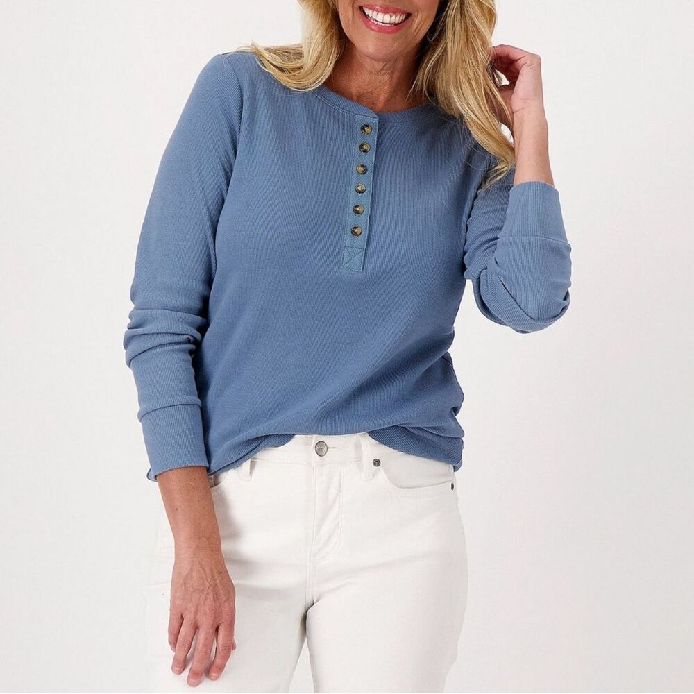 BUNDLE Tops 2 Kim Gravel Ribbed Henley Blue & Taupe M Cotton Long Sleeve